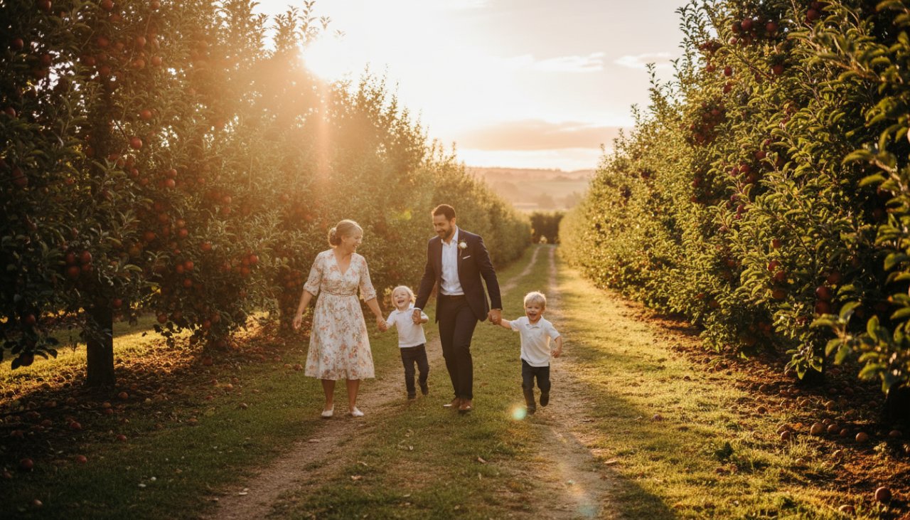 A heartwarming, candid photograph capturing a family laughing joyfully amidst the lush vineyards of Wandin North, Victoria, epitomising Unposed Wandin North Family Moments Photography. Golden hour light illuminates their genuine connection.