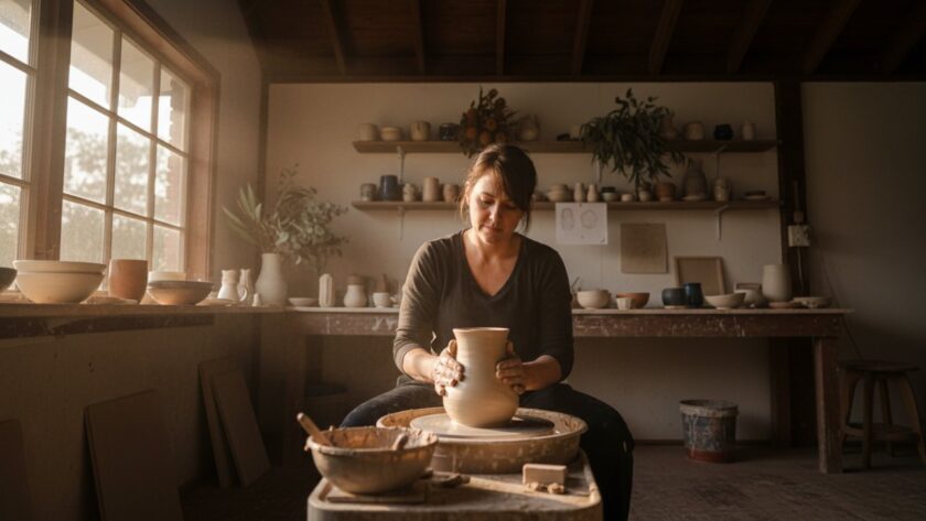 Dynamic overhead shot showcasing Upwey artisan photography captivating local brands, featuring a local ceramicist meticulously crafting pottery in their sunlit Upwey studio, with creative products artfully arranged in the foreground, capturing an 'epic moment' of creation and brand essence.