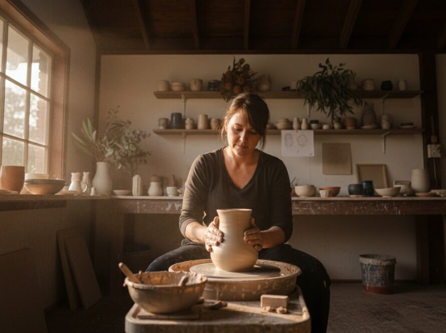 Dynamic overhead shot showcasing Upwey artisan photography captivating local brands, featuring a local ceramicist meticulously crafting pottery in their sunlit Upwey studio, with creative products artfully arranged in the foreground, capturing an 'epic moment' of creation and brand essence.