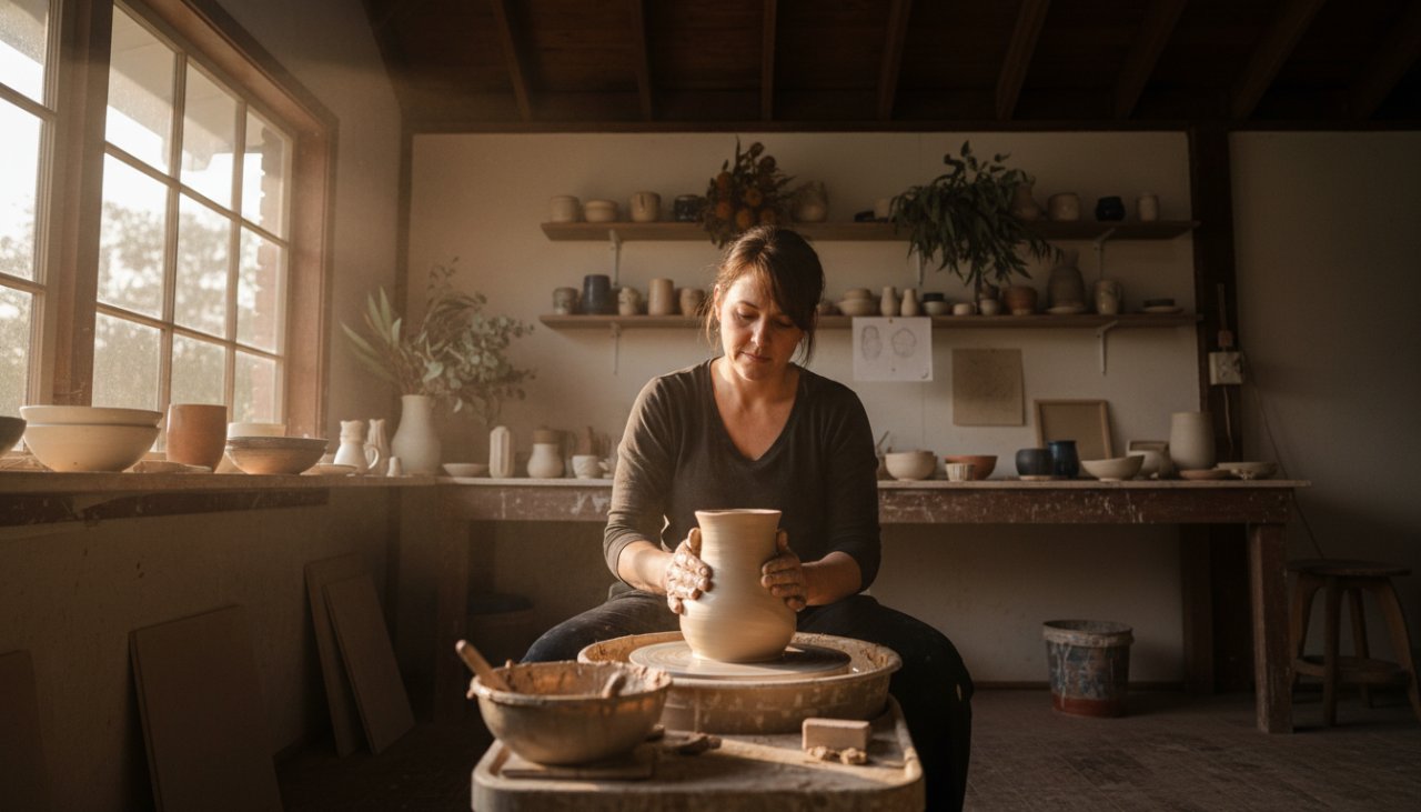Dynamic overhead shot showcasing Upwey artisan photography captivating local brands, featuring a local ceramicist meticulously crafting pottery in their sunlit Upwey studio, with creative products artfully arranged in the foreground, capturing an 'epic moment' of creation and brand essence.
