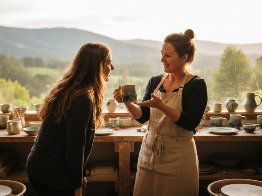 An Upwey business owner, smiling genuinely while interacting with a customer in their charming local cafe, bathed in warm afternoon light, demonstrating authentic personal branding photography storytelling in a vibrant, 'epic moment' capture. The scene highlights community connection and professional warmth.
