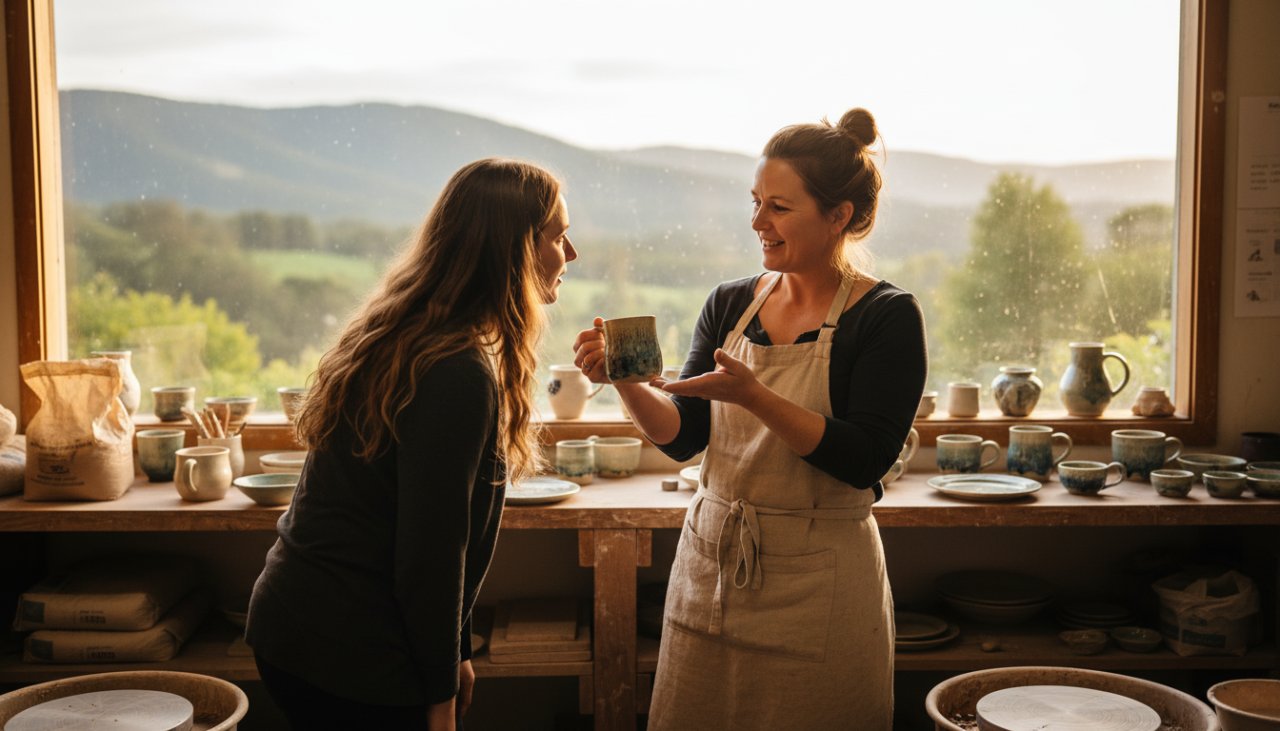 An Upwey business owner, smiling genuinely while interacting with a customer in their charming local cafe, bathed in warm afternoon light, demonstrating authentic personal branding photography storytelling in a vibrant, 'epic moment' capture. The scene highlights community connection and professional warmth.