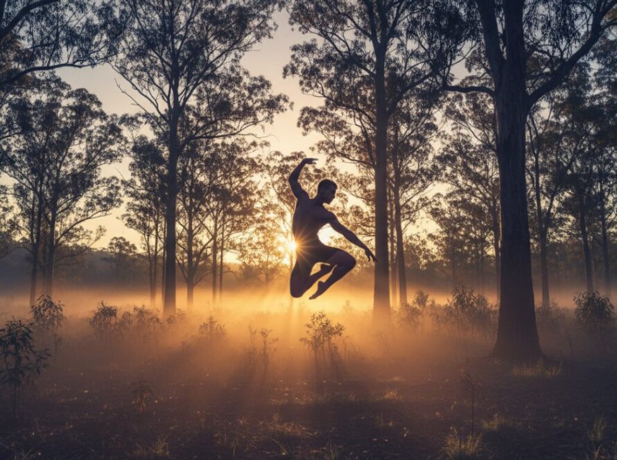 A dynamic shot of a dancer mid-leap against a misty, sun-drenched Upwey forest backdrop, showcasing Upwey dance photography capturing movement with incredible power and grace.
