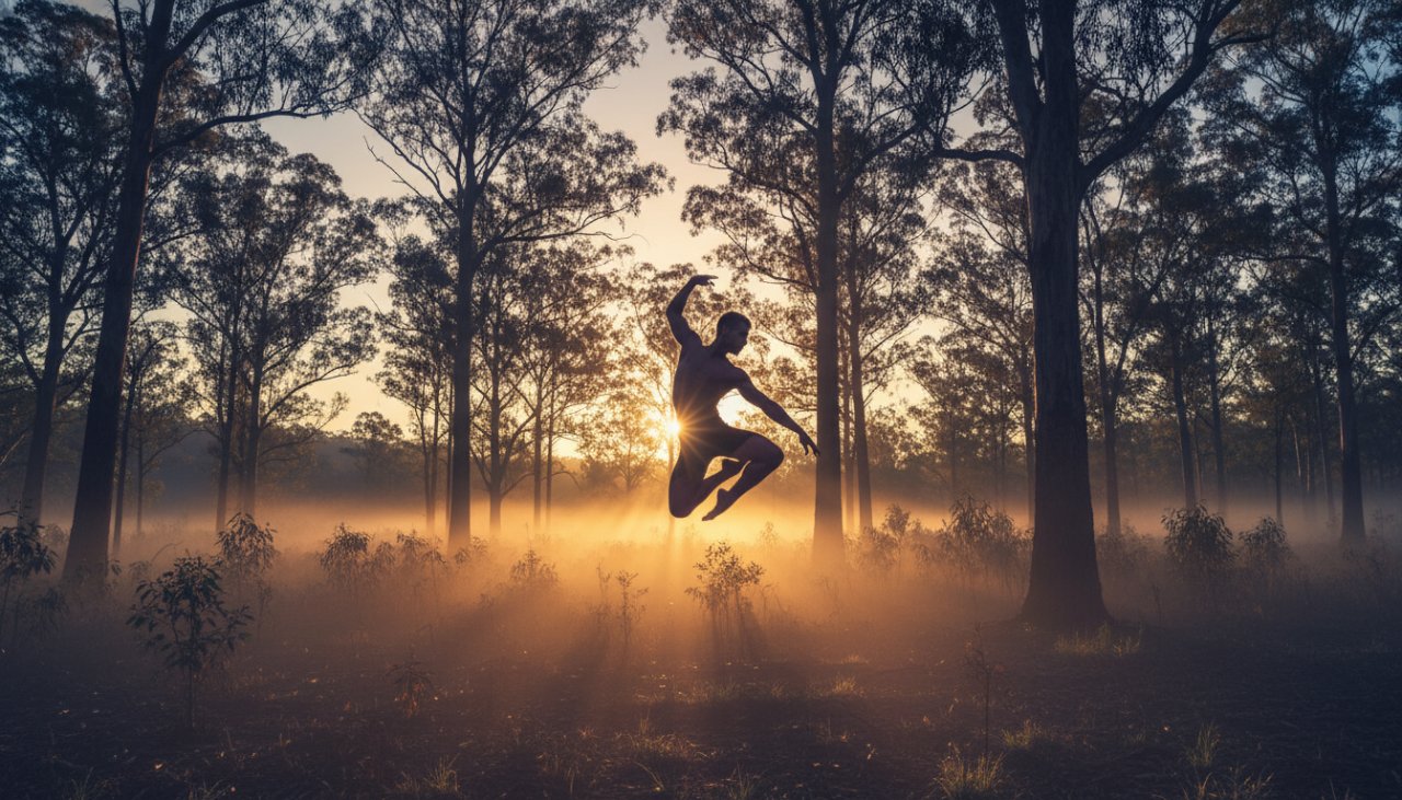 A dynamic shot of a dancer mid-leap against a misty, sun-drenched Upwey forest backdrop, showcasing Upwey dance photography capturing movement with incredible power and grace.