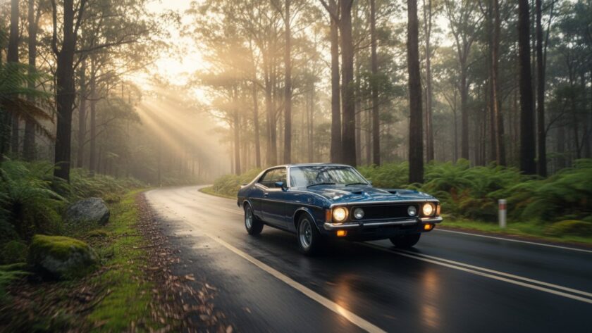 An epic, cinematic shot showcasing a vintage muscle car driving along a winding road through the lush, misty Dandenong Ranges near Upwey, Victoria. The morning sun dramatically backlights the car, highlighting its sleek contours, perfectly encapsulating Upwey Dandenongs scenic automotive photography.