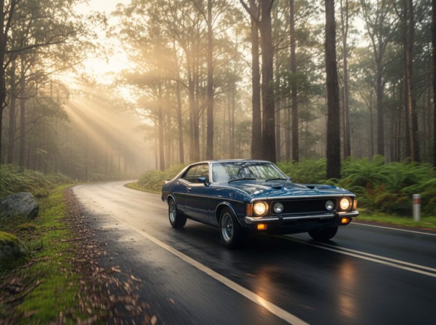 An epic, cinematic shot showcasing a vintage muscle car driving along a winding road through the lush, misty Dandenong Ranges near Upwey, Victoria. The morning sun dramatically backlights the car, highlighting its sleek contours, perfectly encapsulating Upwey Dandenongs scenic automotive photography.