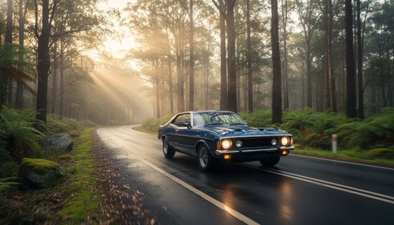 An epic, cinematic shot showcasing a vintage muscle car driving along a winding road through the lush, misty Dandenong Ranges near Upwey, Victoria. The morning sun dramatically backlights the car, highlighting its sleek contours, perfectly encapsulating Upwey Dandenongs scenic automotive photography.