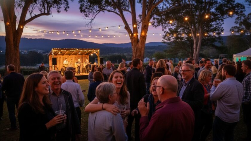 A candid, joyous shot from an Upwey event photography capturing genuine moments, showing a group of friends laughing heartily under fairy lights at a community festival in Upwey, Victoria, with the Dandenong Ranges in the soft focus background, evoking a sense of warmth and celebration.