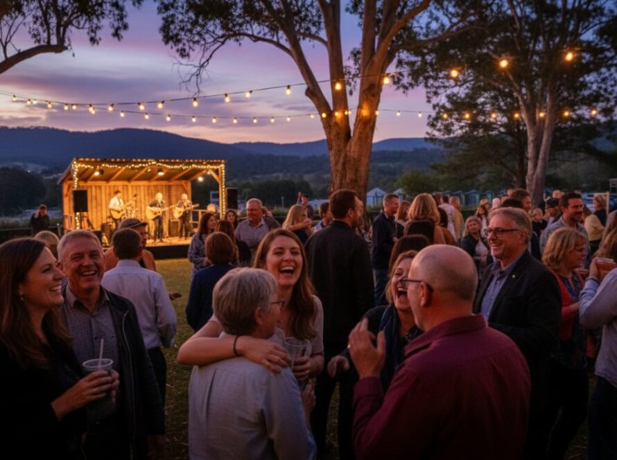 A candid, joyous shot from an Upwey event photography capturing genuine moments, showing a group of friends laughing heartily under fairy lights at a community festival in Upwey, Victoria, with the Dandenong Ranges in the soft focus background, evoking a sense of warmth and celebration.