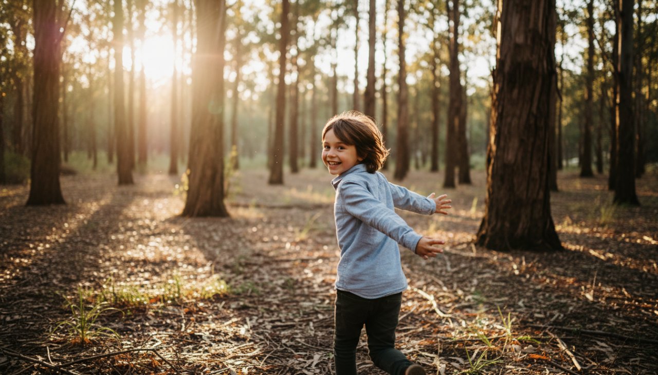 An epic moment captured in Upwey family photography candid children moments: A young child with a wide, joyful smile, running through a sun-dappled eucalyptus forest in Upwey, dappled golden light creating lens flares, a sense of wild freedom and pure happiness, blurred autumn leaves in the foreground, close-up, dynamic shot, natural colours.