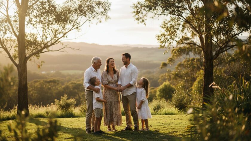An epic moment captured during an Upwey family photography natural light session, featuring a multi-generational family laughing heartily under the golden hour sun at the foothills of the Dandenong Ranges, with towering gum trees in the background, showcasing genuine joy and connection.