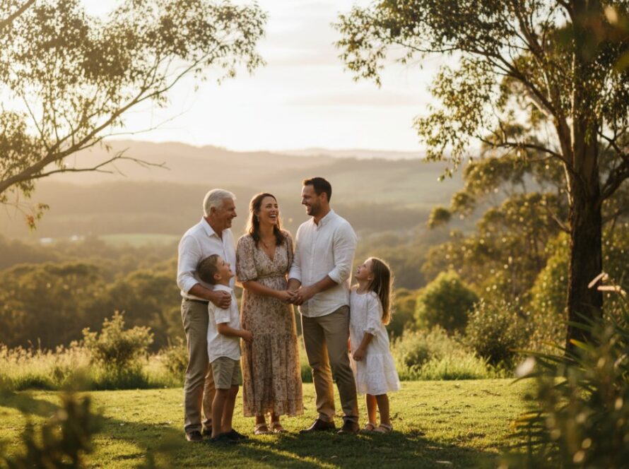 An epic moment captured during an Upwey family photography natural light session, featuring a multi-generational family laughing heartily under the golden hour sun at the foothills of the Dandenong Ranges, with towering gum trees in the background, showcasing genuine joy and connection.