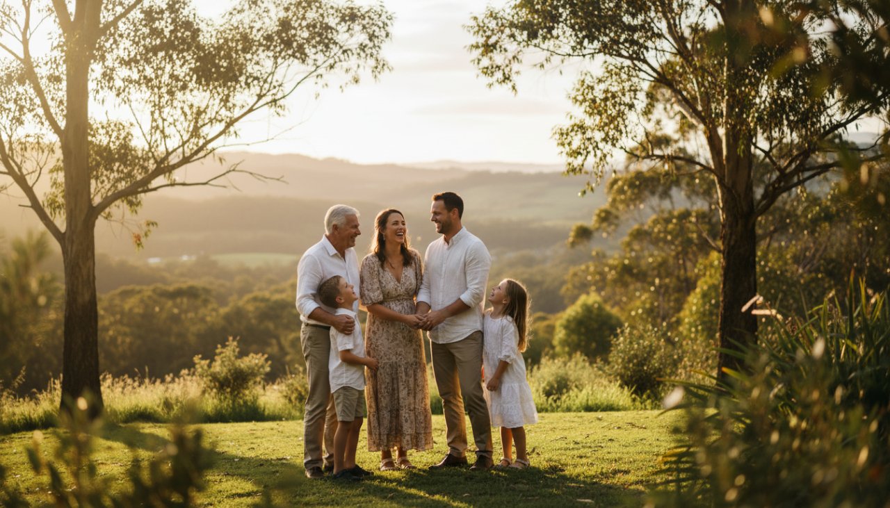 An epic moment captured during an Upwey family photography natural light session, featuring a multi-generational family laughing heartily under the golden hour sun at the foothills of the Dandenong Ranges, with towering gum trees in the background, showcasing genuine joy and connection.