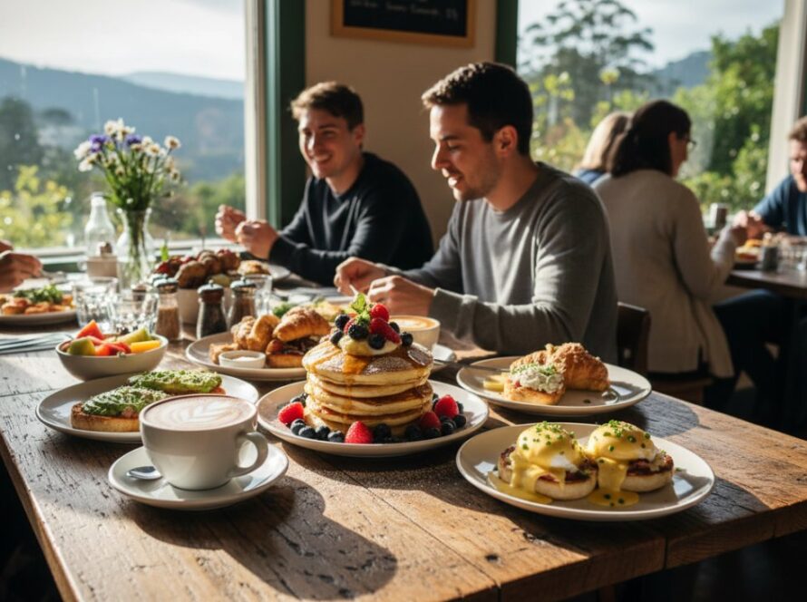 A vibrant, high-angle shot showcasing a beautifully styled brunch spread at a sunlit cafe in Upwey, featuring locally sourced produce and barista-made coffee, capturing the essence of Upwey food photography for local cafes.