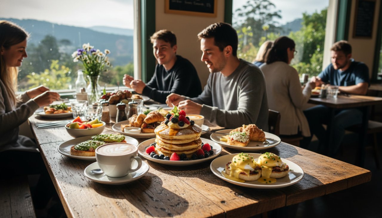 A vibrant, high-angle shot showcasing a beautifully styled brunch spread at a sunlit cafe in Upwey, featuring locally sourced produce and barista-made coffee, capturing the essence of Upwey food photography for local cafes.