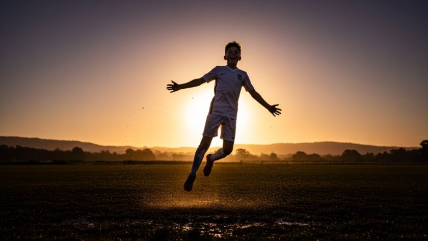 A dramatic, low-angle photograph capturing a young athlete scoring a goal in a dynamic Upwey junior sports photography storytelling moment, with golden hour light silhouetting their triumphant form and the Dandenong Ranges in the blurred background.