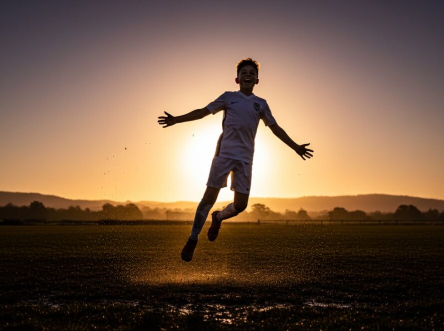 A dramatic, low-angle photograph capturing a young athlete scoring a goal in a dynamic Upwey junior sports photography storytelling moment, with golden hour light silhouetting their triumphant form and the Dandenong Ranges in the blurred background.