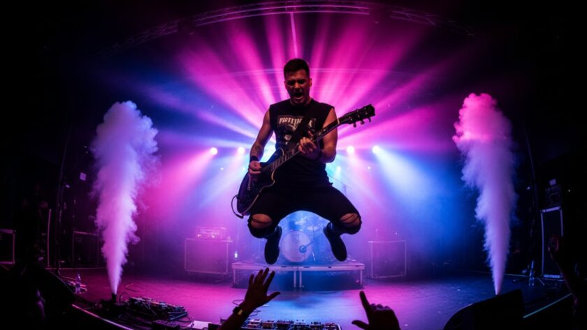 A dynamic, wide-angle shot of a lead guitarist mid-shred at an Upwey live music photography captivating moments event, bathed in dramatic stage lighting, capturing the raw energy and audience's excitement.