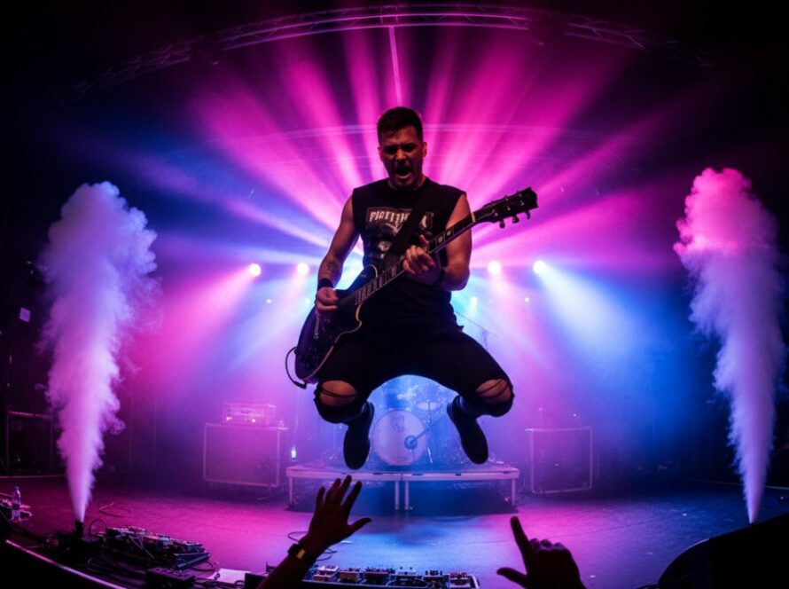 A dynamic, wide-angle shot of a lead guitarist mid-shred at an Upwey live music photography captivating moments event, bathed in dramatic stage lighting, capturing the raw energy and audience's excitement.