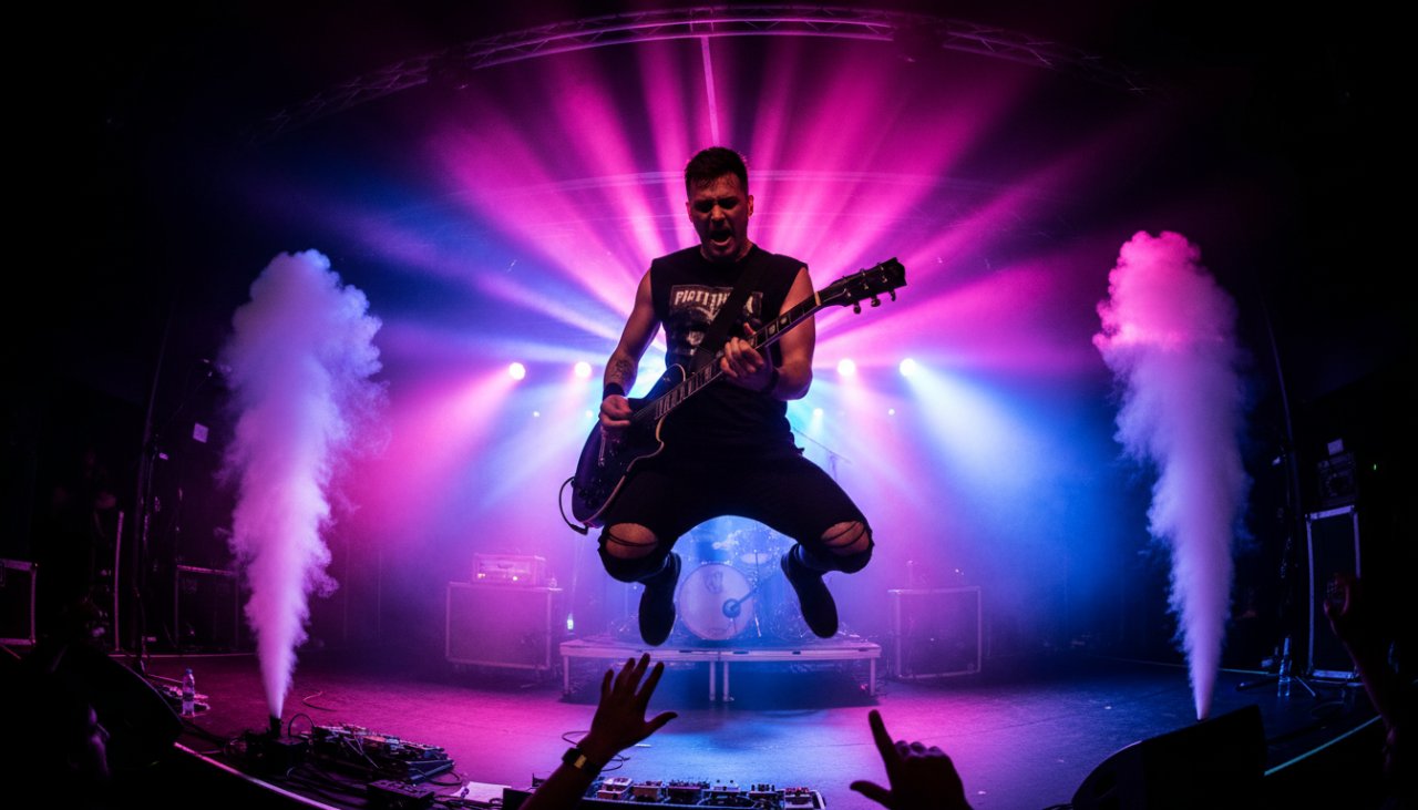 A dynamic, wide-angle shot of a lead guitarist mid-shred at an Upwey live music photography captivating moments event, bathed in dramatic stage lighting, capturing the raw energy and audience's excitement.