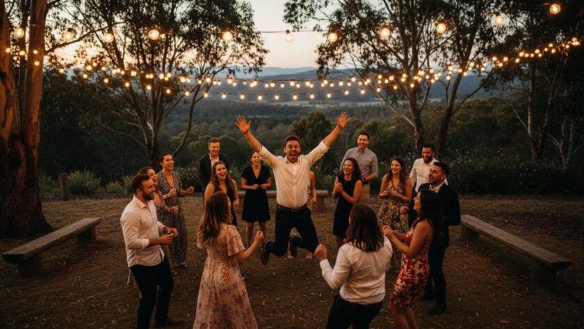 An epic moment of Upwey Party Photography Capturing Authentic Joy, featuring a group of friends mid-laugh under twinkling fairy lights at a garden party in Upwey, Victoria, creating a warm, vibrant scene.