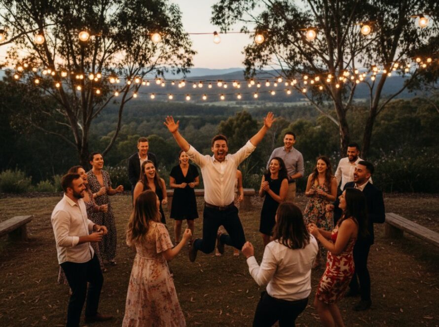 An epic moment of Upwey Party Photography Capturing Authentic Joy, featuring a group of friends mid-laugh under twinkling fairy lights at a garden party in Upwey, Victoria, creating a warm, vibrant scene.