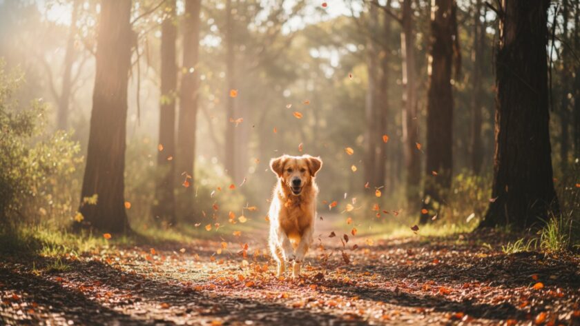 A majestic golden retriever joyfully leaping through golden autumn leaves in a sun-dappled Upwey park, perfectly showcasing Upwey pet photography capturing cherished moments and the dog's vibrant personality.