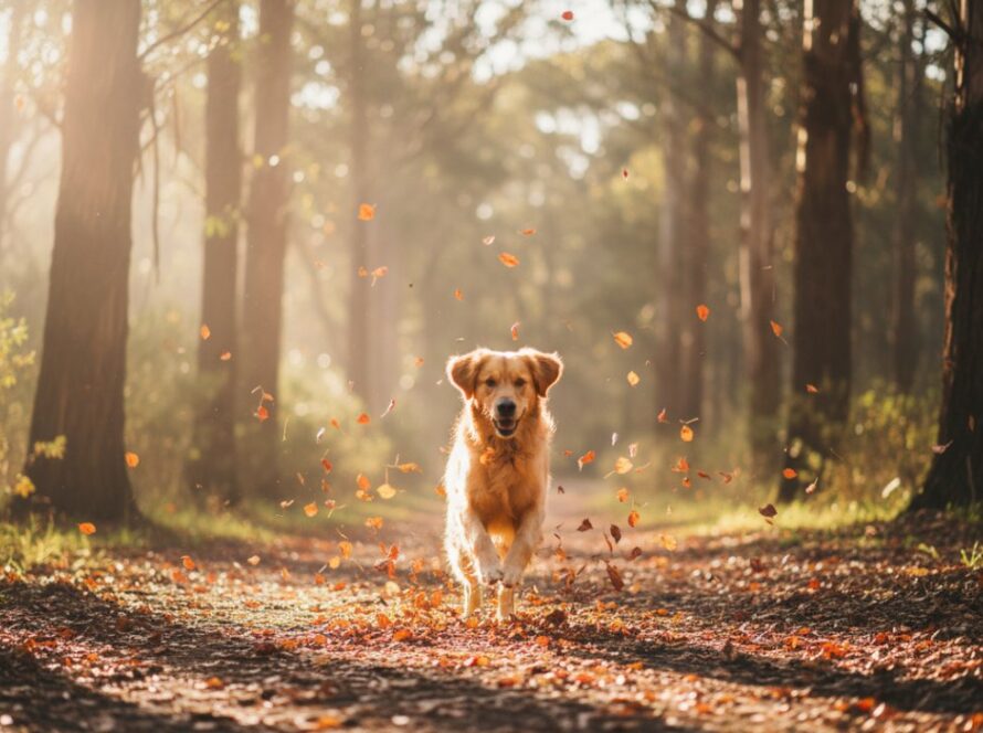 A majestic golden retriever joyfully leaping through golden autumn leaves in a sun-dappled Upwey park, perfectly showcasing Upwey pet photography capturing cherished moments and the dog's vibrant personality.