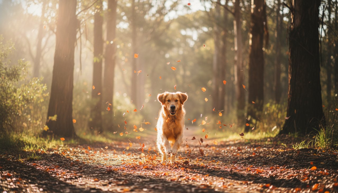 A majestic golden retriever joyfully leaping through golden autumn leaves in a sun-dappled Upwey park, perfectly showcasing Upwey pet photography capturing cherished moments and the dog's vibrant personality.