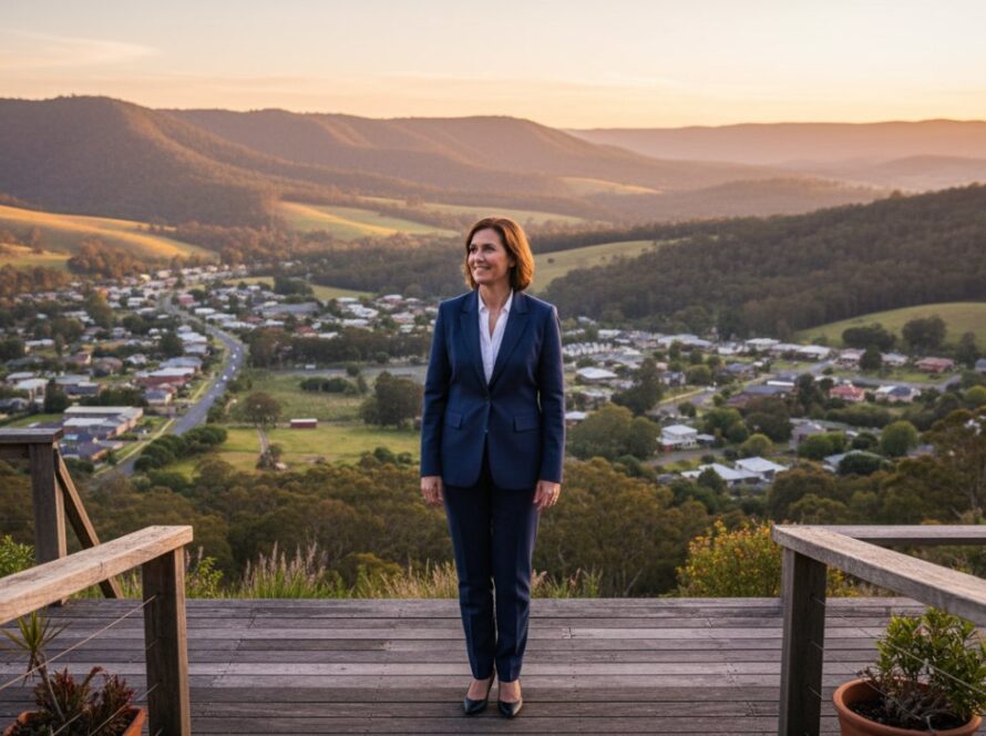 A dynamic Upwey Professional Corporate Photos portrait showcasing a confident female executive delivering a presentation outdoors with the lush Dandenong Ranges in the background, bathed in golden hour light, exuding leadership and authenticity.