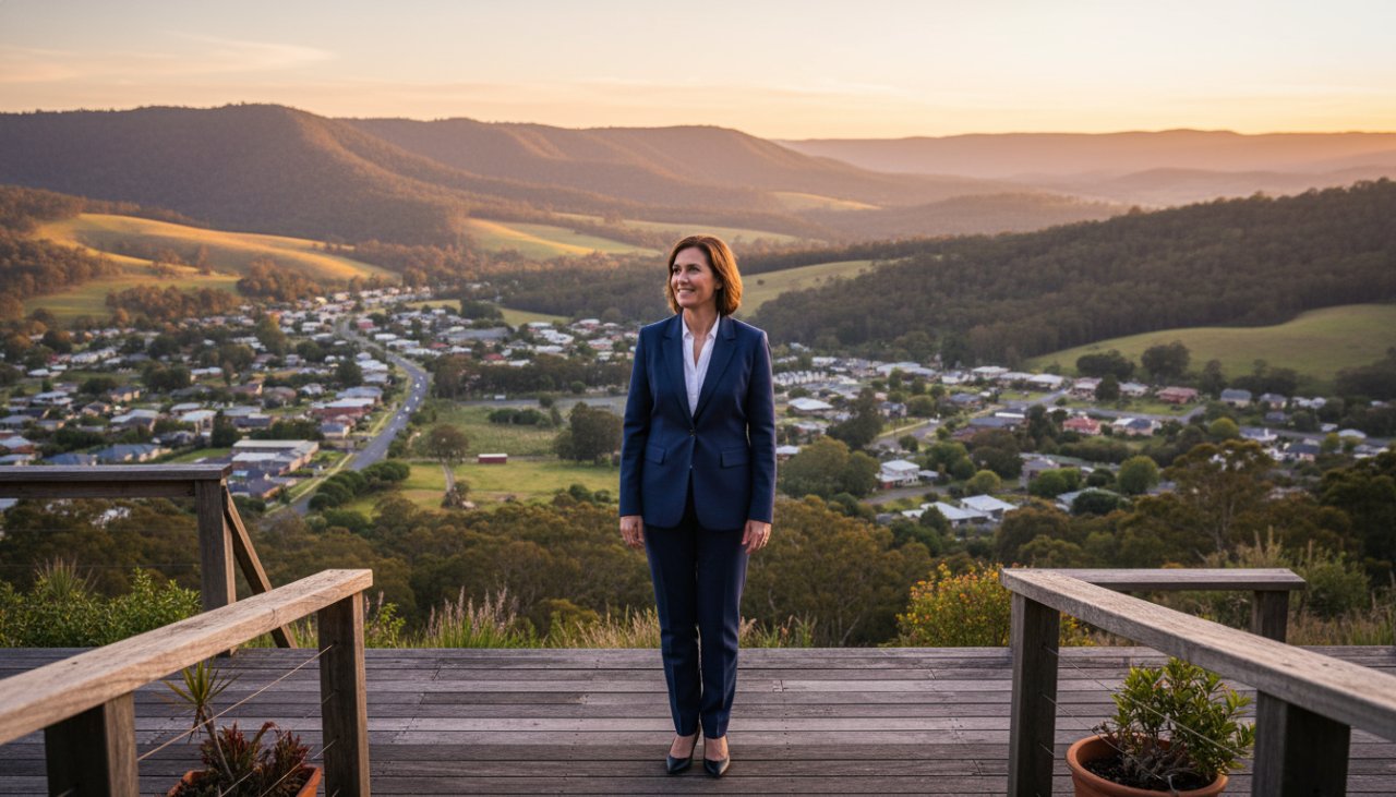 A dynamic Upwey Professional Corporate Photos portrait showcasing a confident female executive delivering a presentation outdoors with the lush Dandenong Ranges in the background, bathed in golden hour light, exuding leadership and authenticity.