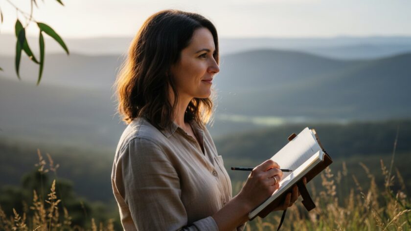 Dynamic Upwey professional headshots for local creatives, featuring a confident artist silhouetted against the morning light over the Dandenong Ranges, capturing their passionate gaze with a shallow depth of field, an epic moment of creative focus.