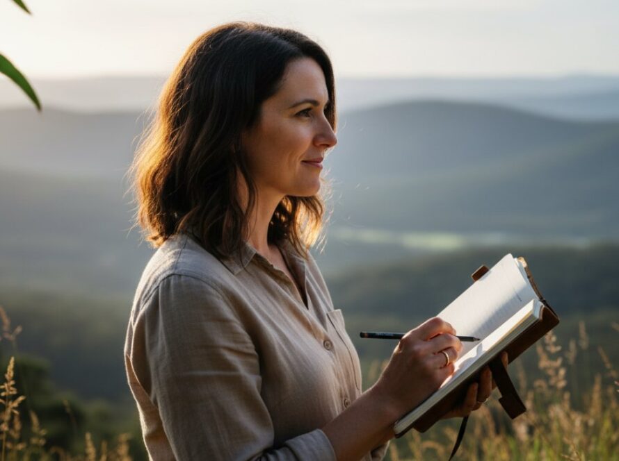 Dynamic Upwey professional headshots for local creatives, featuring a confident artist silhouetted against the morning light over the Dandenong Ranges, capturing their passionate gaze with a shallow depth of field, an epic moment of creative focus.