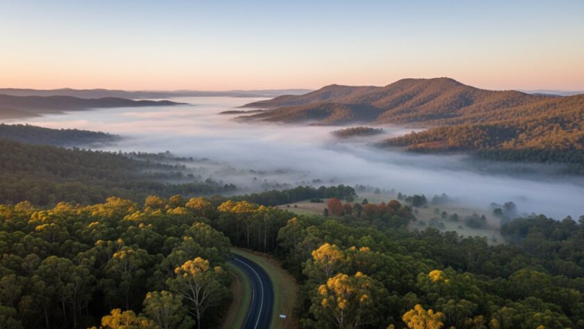 A breathtaking aerial shot showcasing Upwey Victoria drone photography scenic views, with vibrant autumn foliage blanketing the Dandenong Ranges, early morning mist clinging to the valleys, and golden sunlight illuminating a winding road, capturing an epic moment of natural beauty.