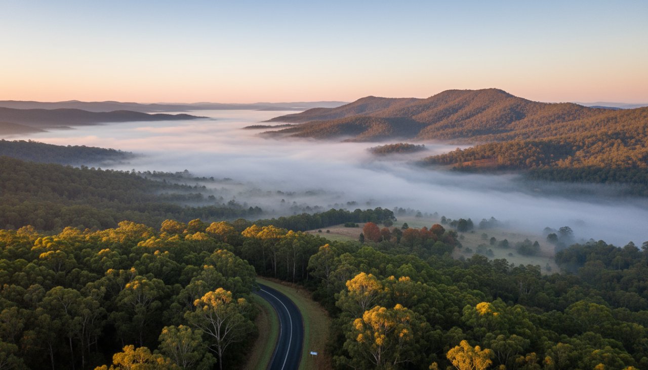 A breathtaking aerial shot showcasing Upwey Victoria drone photography scenic views, with vibrant autumn foliage blanketing the Dandenong Ranges, early morning mist clinging to the valleys, and golden sunlight illuminating a winding road, capturing an epic moment of natural beauty.