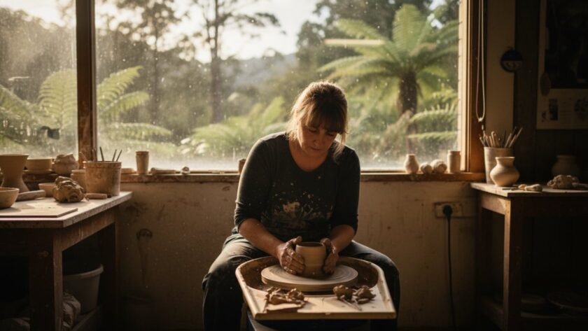 Dynamic Upwey Victoria editorial photography storytelling featuring a local artisan passionately crafting pottery in a sunlit Upwey studio, emphasizing their dedication.