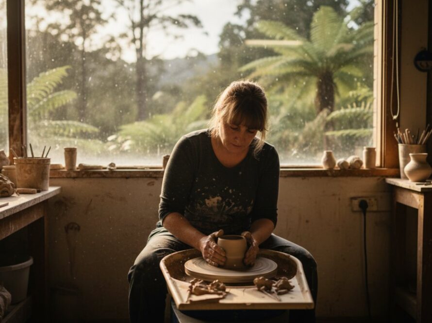 Dynamic Upwey Victoria editorial photography storytelling featuring a local artisan passionately crafting pottery in a sunlit Upwey studio, emphasizing their dedication.