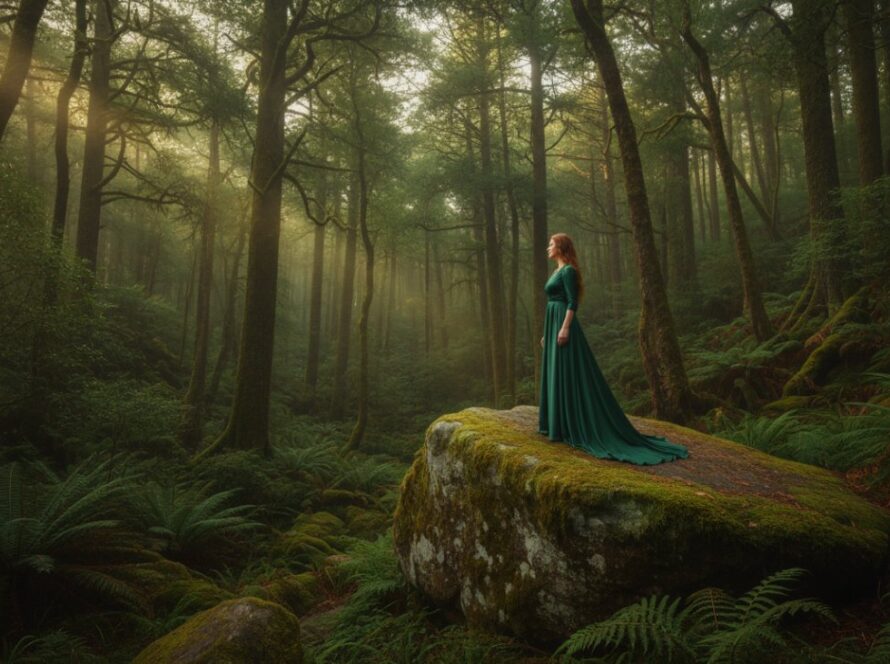 A breathtaking Upwey Victoria fine art photography Dandenongs shot featuring a woman in a flowing gown, silhouetted against a dramatic sunset over the Dandenong Ranges, capturing an epic moment of ethereal beauty.