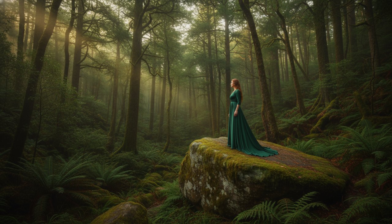 A breathtaking Upwey Victoria fine art photography Dandenongs shot featuring a woman in a flowing gown, silhouetted against a dramatic sunset over the Dandenong Ranges, capturing an epic moment of ethereal beauty.