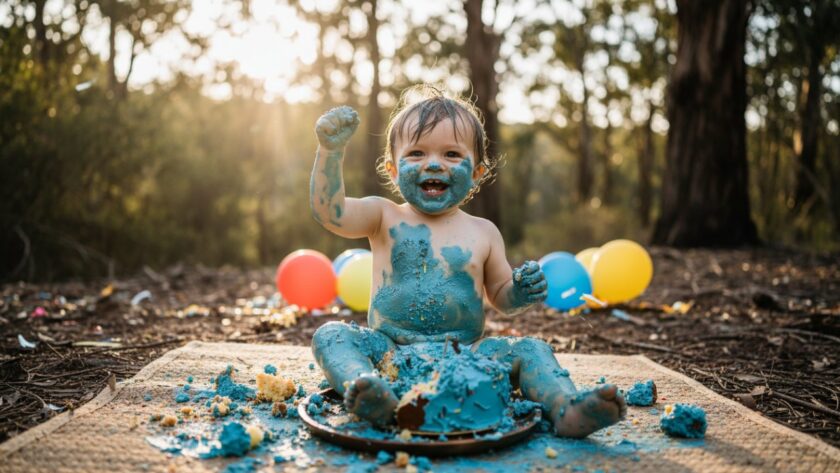 A jubilant one-year-old child in Upwey Victoria covered in cake, laughing amidst a whimsical outdoor setting, celebrating an epic first birthday cake smash photography moment under soft, golden hour light.