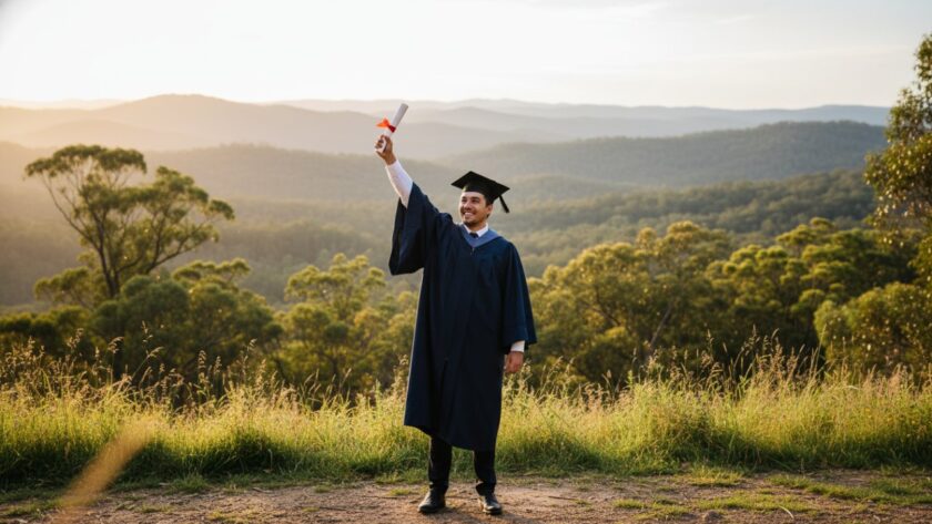 A joyful graduate in their cap and gown, framed by the lush, green backdrop of Upwey's natural beauty, holding their diploma high with a triumphant smile, capturing an Upwey Victoria graduation photoshoot keepsake moment at golden hour, celebrating achievement.