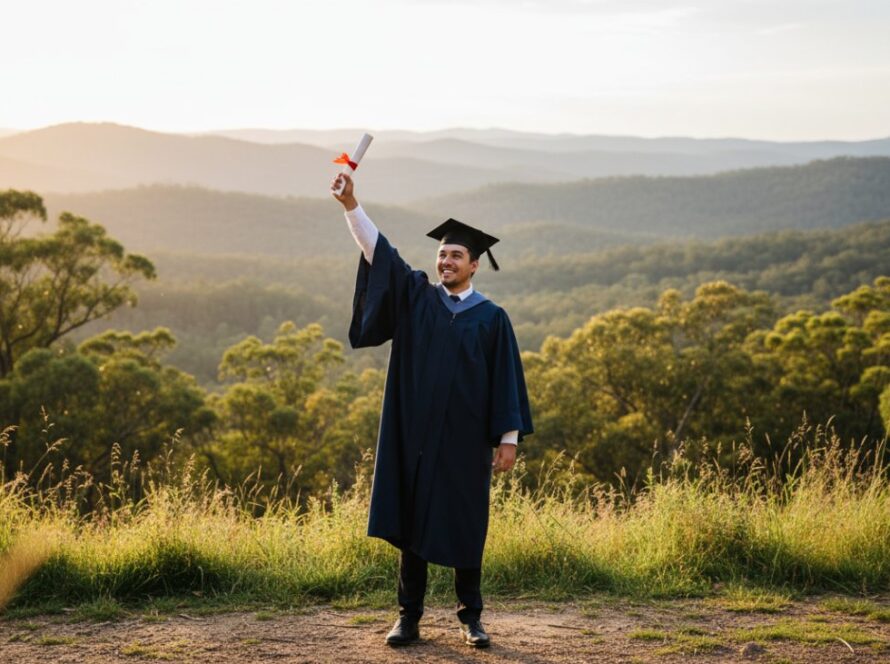 A joyful graduate in their cap and gown, framed by the lush, green backdrop of Upwey's natural beauty, holding their diploma high with a triumphant smile, capturing an Upwey Victoria graduation photoshoot keepsake moment at golden hour, celebrating achievement.