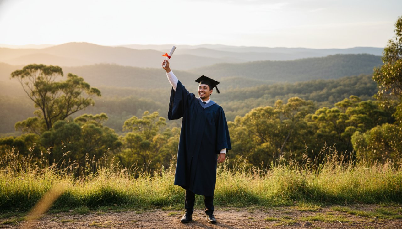 A joyful graduate in their cap and gown, framed by the lush, green backdrop of Upwey's natural beauty, holding their diploma high with a triumphant smile, capturing an Upwey Victoria graduation photoshoot keepsake moment at golden hour, celebrating achievement.