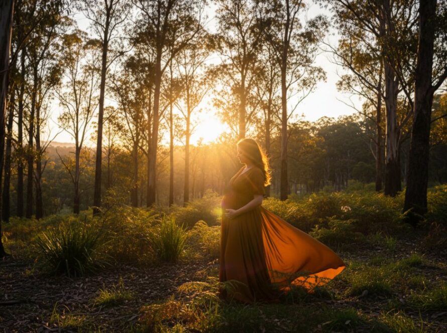 A radiant expectant mother in Upwey Victoria outdoor maternity photoshoot, bathed in golden hour light amidst lush Dandenong Ranges greenery, celebrating the journey of motherhood with an epic, cinematic shot.