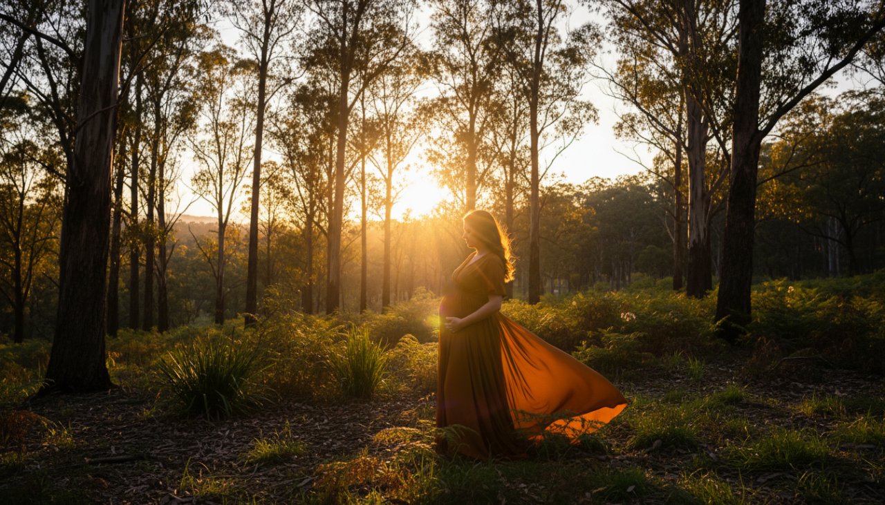 A radiant expectant mother in Upwey Victoria outdoor maternity photoshoot, bathed in golden hour light amidst lush Dandenong Ranges greenery, celebrating the journey of motherhood with an epic, cinematic shot.