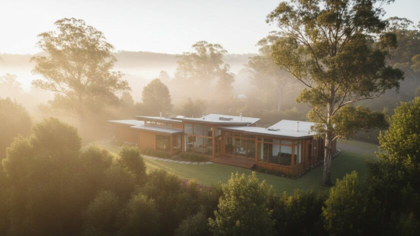 An aerial wide shot capturing a beautifully presented modern home nestled amongst lush, misty Dandenong Ranges foliage in Upwey, Victoria, bathed in soft morning light, showcasing the serene lifestyle perfect for Upwey Victoria real estate photography for property listings.