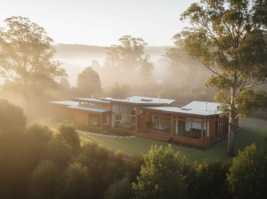 An aerial wide shot capturing a beautifully presented modern home nestled amongst lush, misty Dandenong Ranges foliage in Upwey, Victoria, bathed in soft morning light, showcasing the serene lifestyle perfect for Upwey Victoria real estate photography for property listings.
