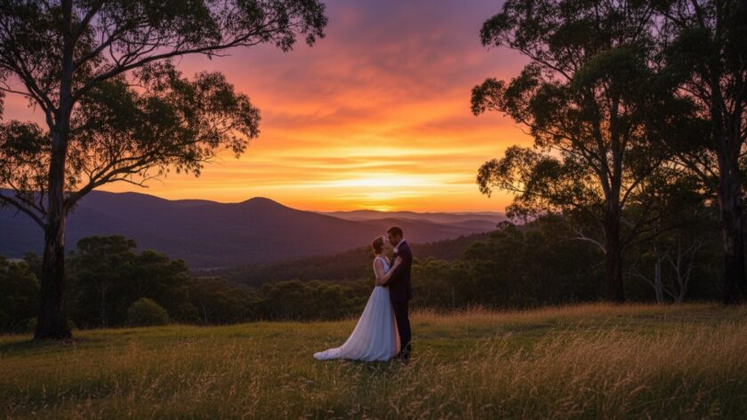 An Upwey wedding photographer capturing Dandenongs magic during a dramatic sunset, with a newly married couple silhouetted against the vibrant orange sky, embracing on a scenic hill overlooking the Ranges.
