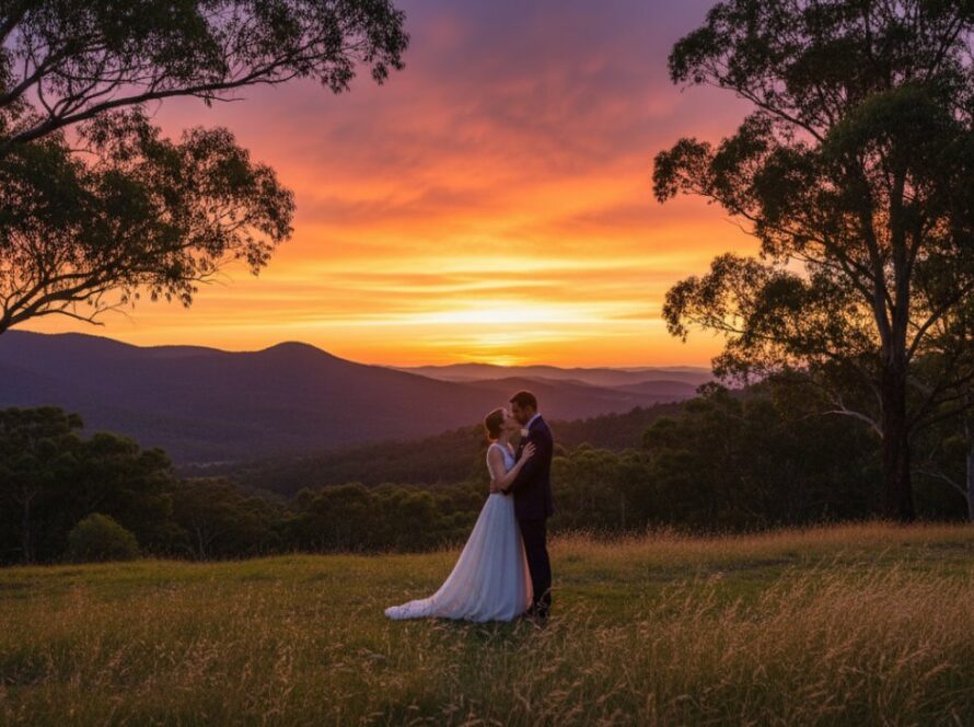 An Upwey wedding photographer capturing Dandenongs magic during a dramatic sunset, with a newly married couple silhouetted against the vibrant orange sky, embracing on a scenic hill overlooking the Ranges.