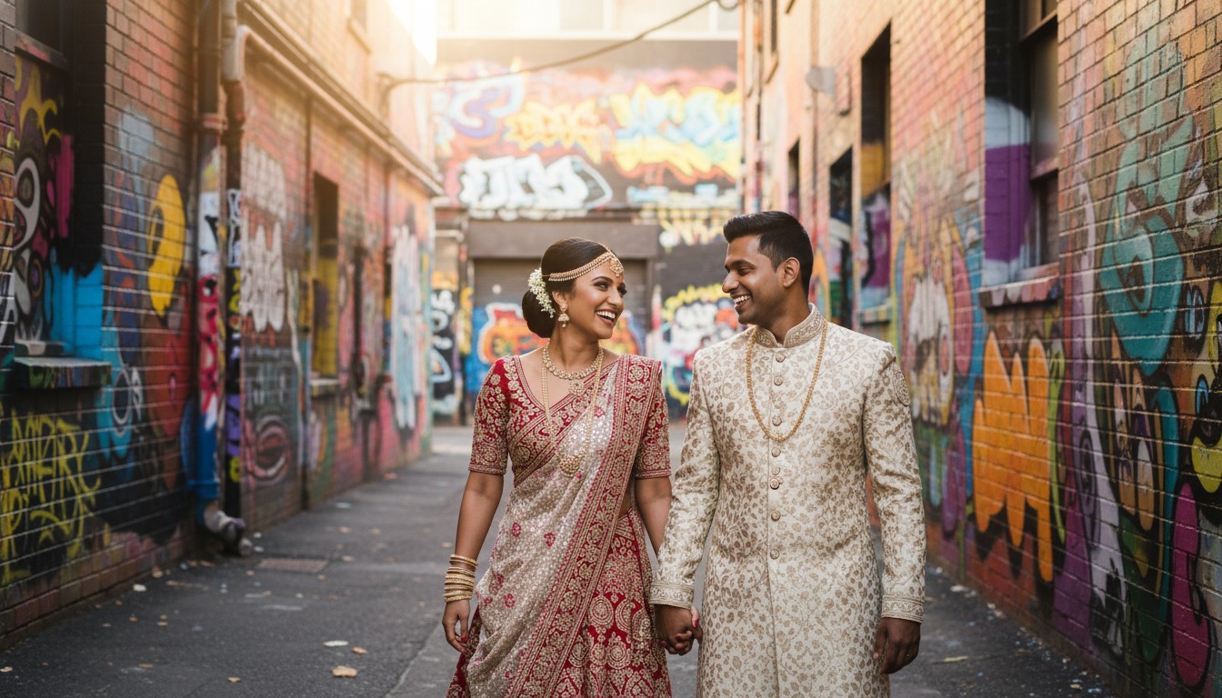 A candid, high-end wedding photograph of a couple laughing joyously as they stroll hand-in-hand through a vibrant, graffiti-adorned Fitzroy laneway, the colorful street art contrasting beautifully with their elegant wedding attire. Romantic, natural light. No text.